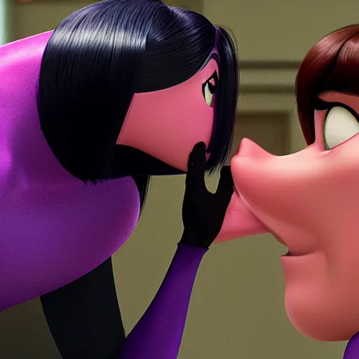 Prompt: violet parr kisses a fan in incredibles 2 movie