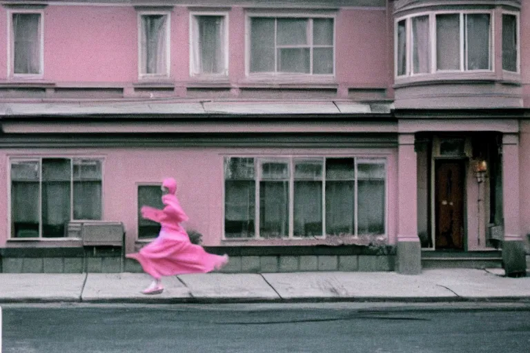 Image similar to vintage kodak film photography from 7 0 s with pro mist filter, woman running against pink house with many windows, in style of joel meyerowitz