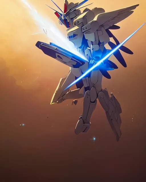 Image similar to highly detailed vfx portrait of an angelic gundam with wings of feathers beam saber fighting in space with a beam gun, unreal engine, greg rutkowski, loish, rhads, beeple, makoto shinkai and lois van baarle, ilya kuvshinov, rossdraws, tom bagshaw, alphonse mucha, global illumination, detailed and intricate environment