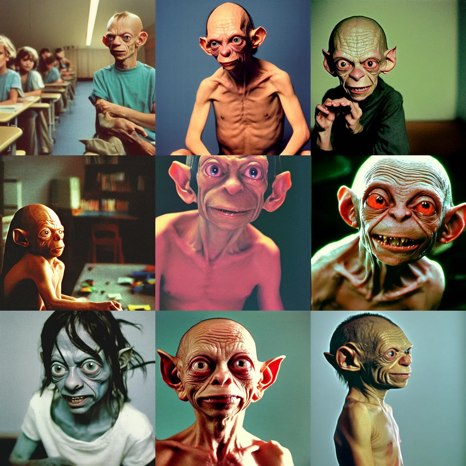 Prompt: A long-shot , color school photograph portrait of Gollum in the class room , summer, day lighting, 1990 photo from photograph Magazine.
