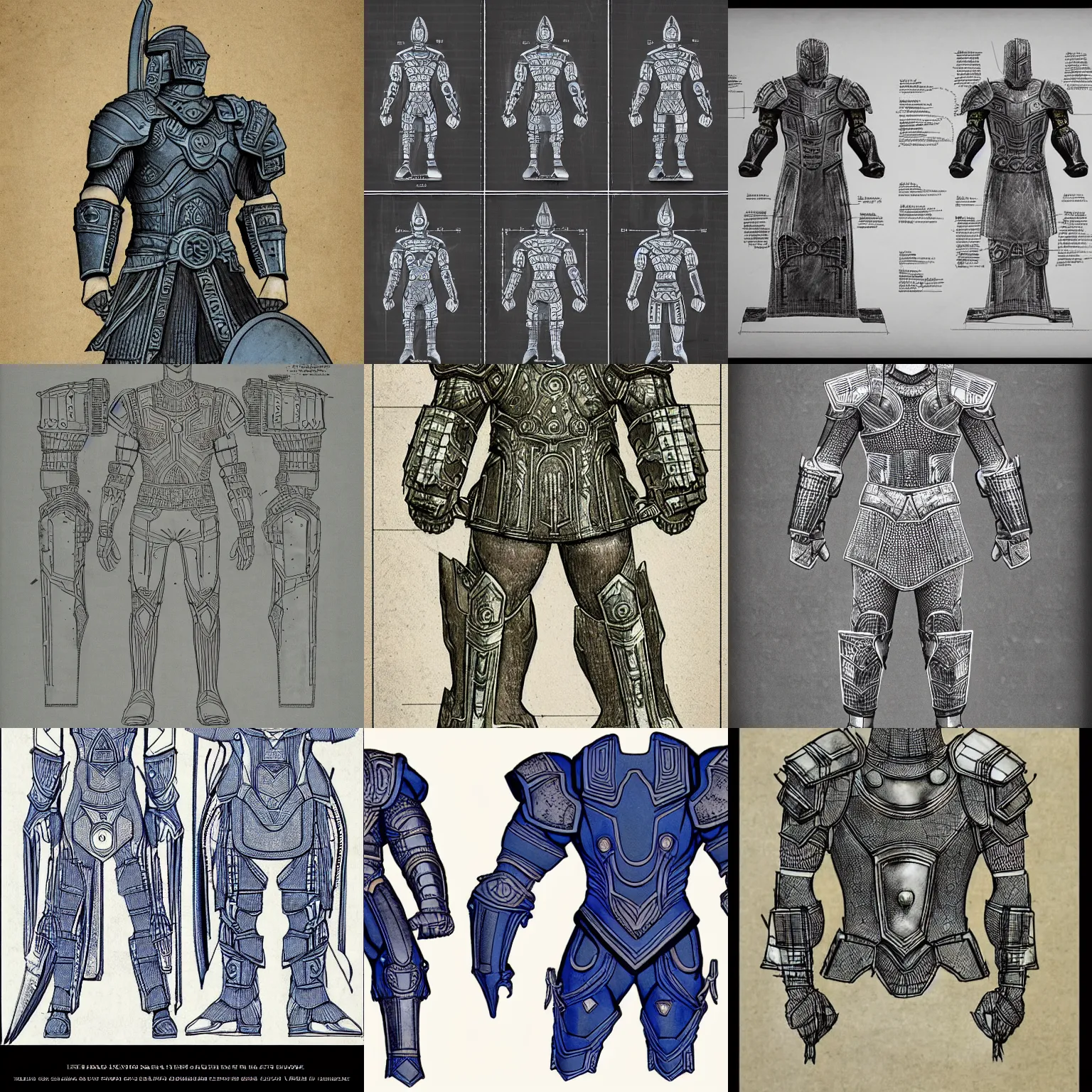 Prompt: detailed ancient blueprints of MJOLNIR armor