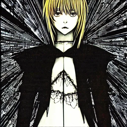 Image similar to amane misa, death note, artwork by Harry Clarke, highly detailed