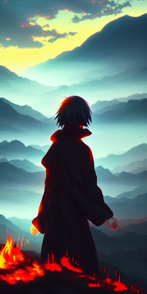 Image similar to a demonic figure obscured by fire. mountains in background, by nashimanga, anime illustration, anime key visual, beautiful anime - style digital painting by wlop, amazing wallpaper