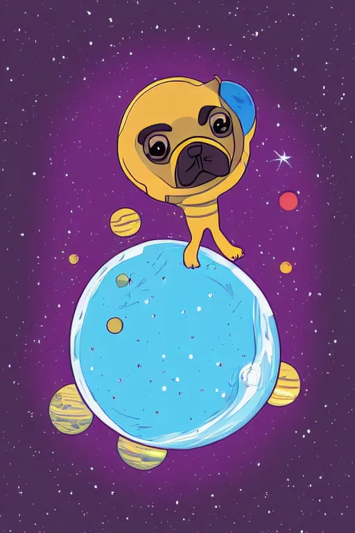 Image similar to planet pug floating in space, art by iktor miller gausa, sticker, colorful, illustration, highly detailed, simple, smooth and clean vector curves, no jagged lines, vector art, smooth