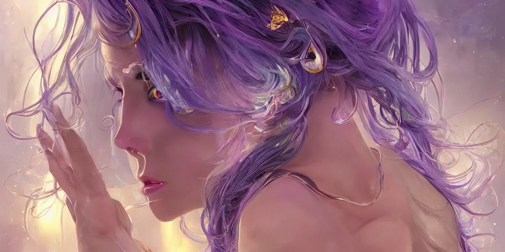 Image similar to wide angle, opulescent purple panther, metallic silver and ice color reflected crystal hair, leaping from babaob tree, fantasy, intricate, very beautiful, elegant, golden light, highly detailed, digital painting, artstation, concept art, smooth, sharp focus, unreal engine, art by wlop and tian zi and alphonse mucha