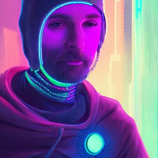 Prompt: a portrait of an ultradetailed futuristic male cyberpunk wearing a hoodie on his head, bearded, deep blue eyes, by dylan kowalski, 8 k, purple neon colours, digital painting, trending on gc society