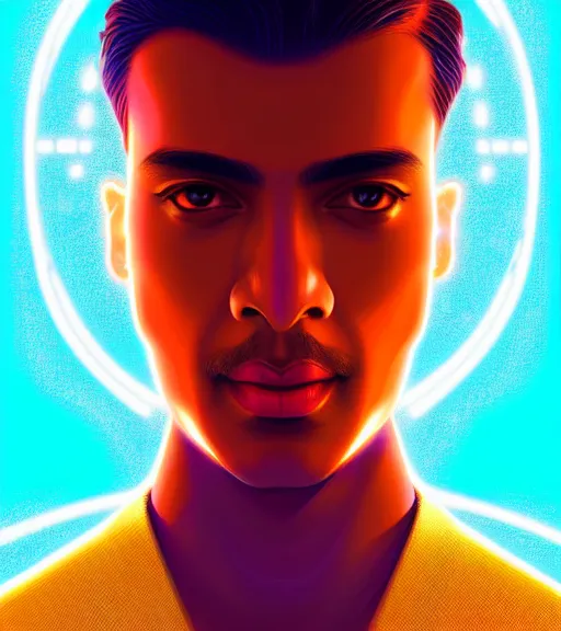 Image similar to symmetry!! indian prince of technology, solid cube of light, hard edges, product render retro - futuristic poster scifi, lasers and neon circuits, brown skin handsome indian prince, intricate, elegant, highly detailed, digital painting, artstation, concept art, smooth, sharp focus, illustration, dreamlike, art by artgerm