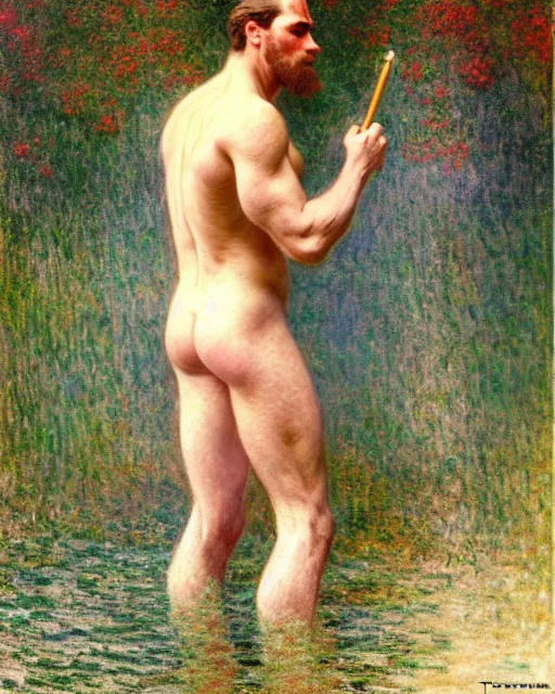 Prompt: handsome philospher wading through a river, reflective water,!!! pants!!! painting by tom of finland, gaston bussiere, craig mullins, j. c. leyendecker, claude monet