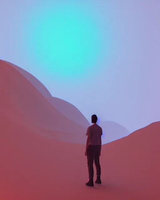 Image similar to a man standing in the middle of a mountain looking at a glowy shape, a render by filip hodas, behance contest winner, environmental art, rendered in cinema 4 d, volumetric lighting