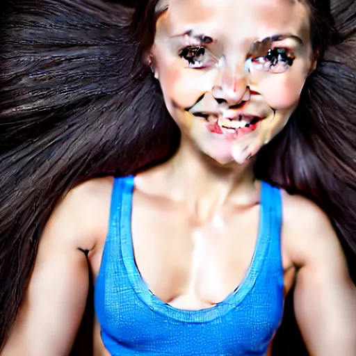 Image similar to hyperrealistic full figure portrait of a cute thin young girl, athletic body, six pack, abs, concentrated look, cute smile, highly detailed, detailed face and eyes, long black hair, flushed face, blue eyes,, volumetric lighting, 8 k, art photography, sport photography