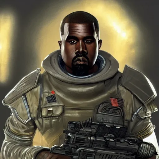 Image similar to Kanye West as a space soldier, Sci-Fi closeup character art by Neil Roberts and Marc Lee and Vladimir Krisetskiy and Donato Giancola and Craig Mullins, digital art, trending on artstation