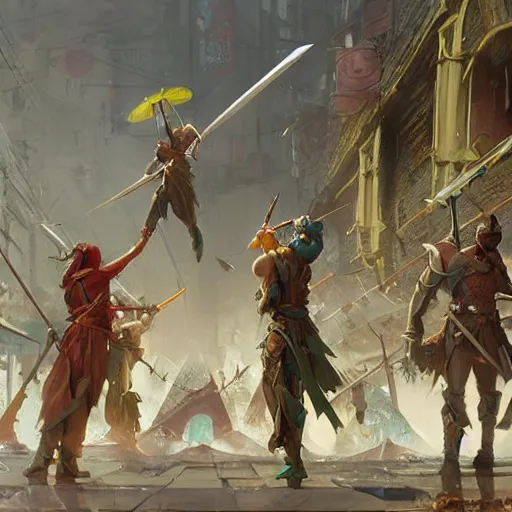 Image similar to raining swords, falling swords, organic painting, sunny day, matte painting, bold shapes, hard edges, street art, trending on artstation, by huang guangjian, gil elvgren, ruan jia, randy vargas, greg rutkowski