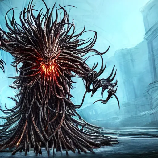 Prompt: photorealistic concept art of A long 100 armed beast-god, a huge body covered with deep bristles, and glowing eyes, icon