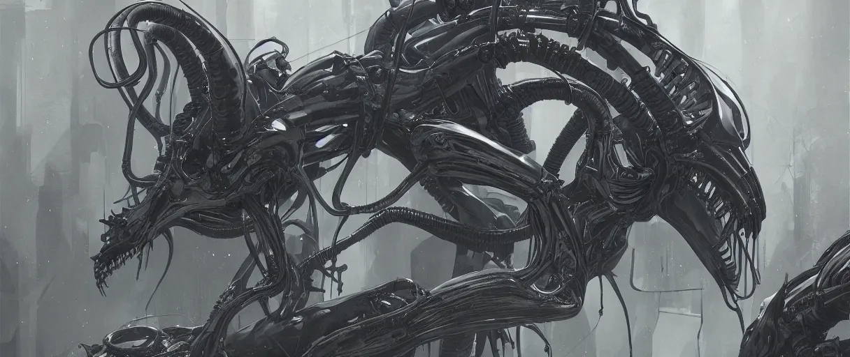 Image similar to duotone noir hyperreal concept illustration of shiny black xenomorph alien machinery by hr giger. cosmic horror atmosphere. cinematic volumentric lighting. by sachin teng and sergey kolesov and ruan jia and heng z. graffiti art, scifi, fantasy, hyper detailed. octane render. trending on artstation