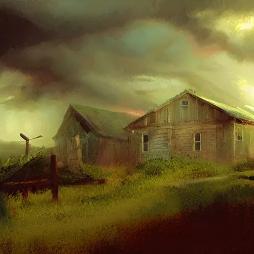 Prompt: a evil thunderstorm overtop a small farm, eerie, craig mullins