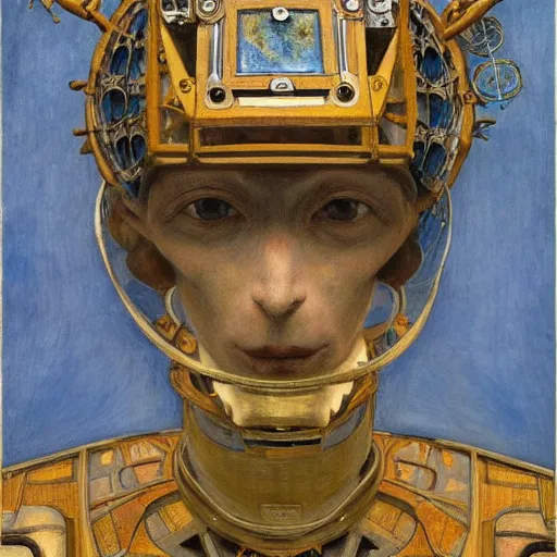 Image similar to the robot wearing her bone crown, by Annie Swynnerton and Diego Rivera , symbolist, dramatic lighting, elaborate geometric ornament, Art Brut, god rays, soft cool colors,smooth, sharp focus, extremely detailed, Adolf Wölfli and (Donato Giancola)