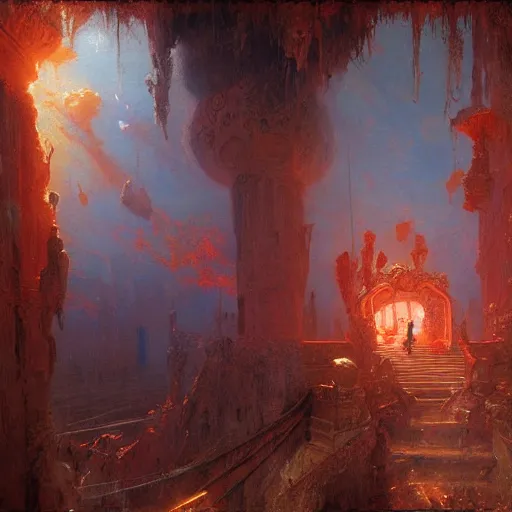 Image similar to a chapel's ceiling is broken in half as a red magical portal from hell opens up there. highly detailed painting by gaston bussiere, greg rutkowski, craig mullins 8 k