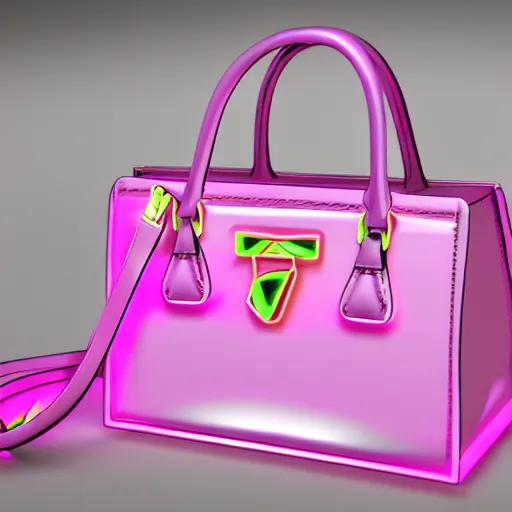 Prompt: y 2 k realistic render of a pink prada purse in a glowing neon light purple room, hyper realistic, hd glossy 8 k realistic shiny sparkling