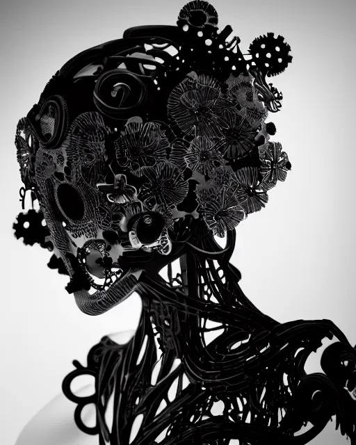 Image similar to black and white dreamy foggy profile face portrait, one steampunk cat eye biomechanical beautiful young female cyclope - cyborg - robot bust, body ribs meshes,, volumetric light, hibiscus flowers, by hg giger, rim light, by dora maar and cecile beaton, big gothic fashion pearl embroidered collar, 8 k