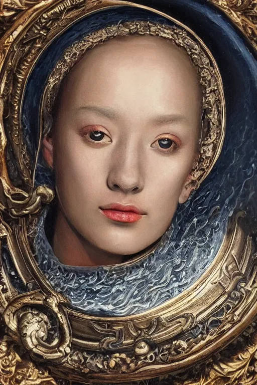 Image similar to hyperrealism oil painting, close-up portrait of medieval euopean fashion model, knight, steel gradient mixed with water swirls sky, in style of baroque mixed with 70s japan book art