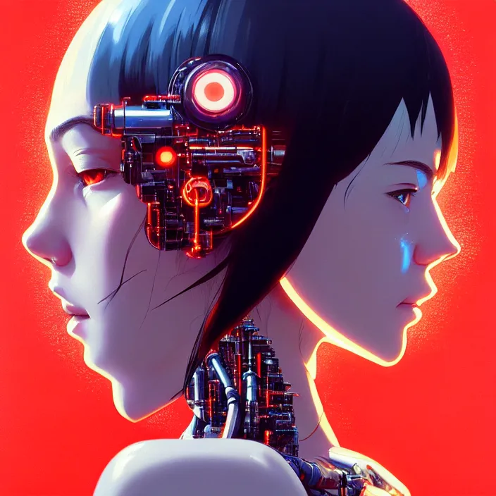 Image similar to side portrait of cyborg girl with robotic parts | | head only in center of image, audrey plaza, fine detail!! anime!! realistic shaded lighting!! poster by ilya kuvshinov katsuhiro otomo ghost - in - the - shell, magali villeneuve, artgerm, jeremy lipkin and michael garmash and rob rey