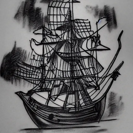 Prompt: realism tattoo design sketch of a pirate ship, by Sivak