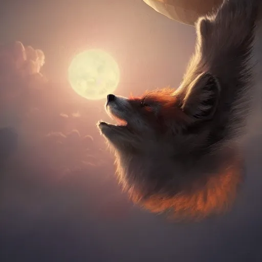 Image similar to close-up anthropomorphic fluffy fox in the hot air balloon, night, moonlight, clouds around, mist, unreal engine, octane render, dramatic lighting, digital art, by Stanley Artgerm Lau, greg rutkowski, thomas kindkade, alphonse mucha, loish, norman Rockwell,