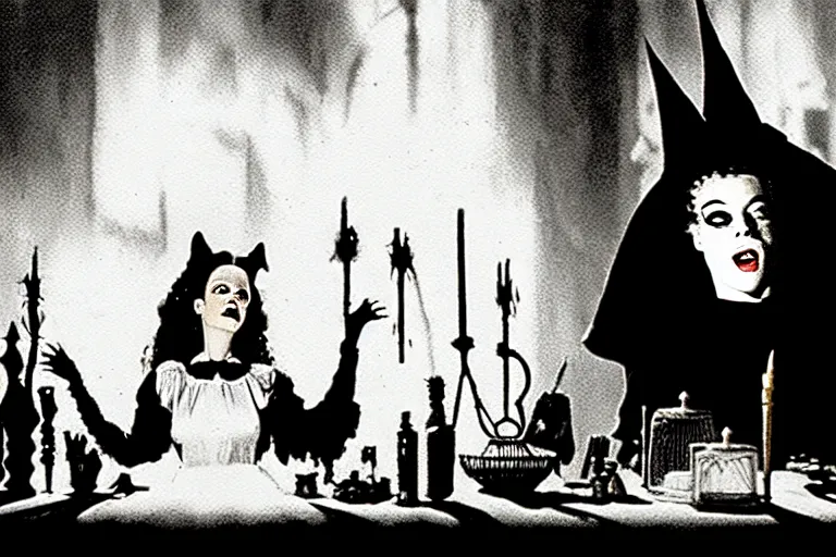 Image similar to close up portrait, dramatic lighting, teen bride of frankenstein witch calmly pointing a magic wand casting a spell over a large cauldron, cat on the table in front of her, a witch hat cloak, apothecary shelves in the background, still from the wizard of oz and peter pan