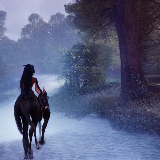 Prompt: The black-haired young witch travels on her horse to the land of dreams, unreal engine 3