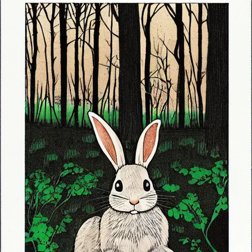 Prompt: A rabbit in the woods, by Junji itou and KAZUO UMEZZ