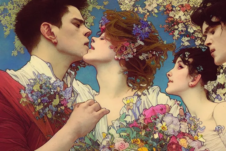 Image similar to the groom kisses the bride at a wedding full of flowers, bright and happy, dreamlike art, highly detail, 4 k realistic, wedding photoy krenz cushart. artem demura. alphonse mucha. yoji shinkawa artgerm. jon lothian. danilo torres. adi meyers. thomas reimann. gaston bussiere.