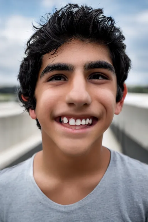 Image similar to close up headshot of an effeminate hispanic teen boy with medium length wavy black hair a wide smile brown eyes a small nose tidy plucked eyebrows dark brown eyes and a diamond shaped face, high resolution film still, 8k, HDR color