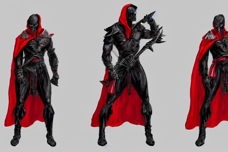 Image similar to a twin blade muscular swordsman, red and black cape and hoodie, scary, intimidating, worn out clothes, torn clothes, concept by Gilles Beloeil