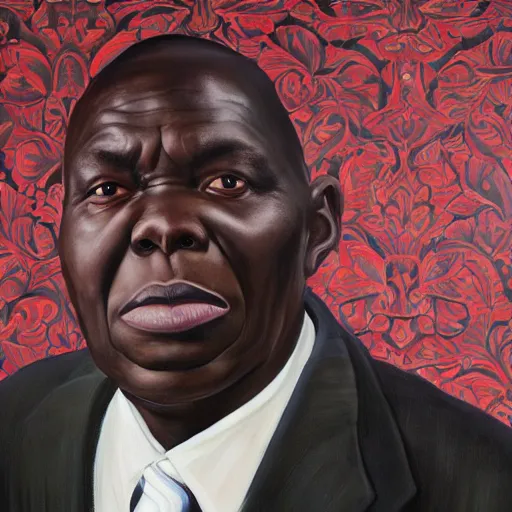 Prompt: a painting of a round face, XXL , fatherly, loving, caring, generous, ever-present, humble, wise elder from Kenya in a suit by Kehinde Wiley . Fatherly/daddy, focused, loving, leader, relaxed,. ethereal lights, details, smooth, sharp focus, illustration, realistic, cinematic, artstation, award winning, rgb , unreal engine, octane render, cinematic light, macro, depth of field, blur, red light and clouds from the back, highly detailed epic cinematic concept art CG render made in Maya, Blender and Photoshop, octane render, excellent composition, dynamic dramatic cinematic lighting, aesthetic, very inspirational, arthouse.