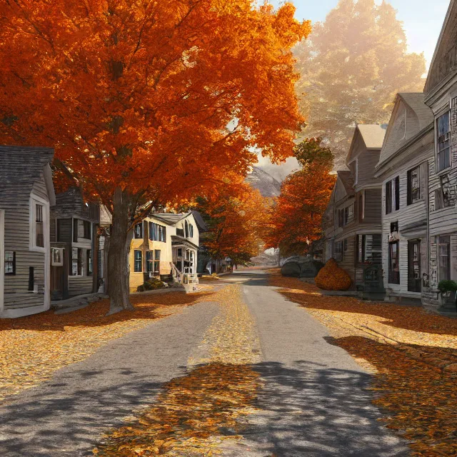 Image similar to small new england stone colonial city street with shops and pumpkins, maple trees with fall foliage, new hampshire mountain, stone street, volumetric, realistic, cinematic lighting, ray tracing, unreal engine 5, octane render, hyper realistic, photo, 8 k