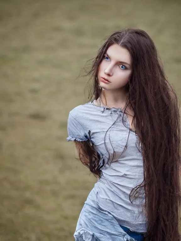 Image similar to hyperdetailed photo of a beautiful ukrainian girl, brown eyes, dark hair, winds of winter, with ripped t - shirt