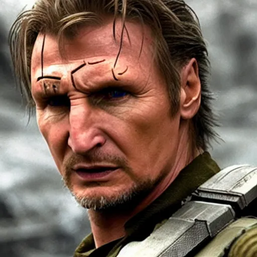 Prompt: Liam neeson as solid snake in metal gear with red headband