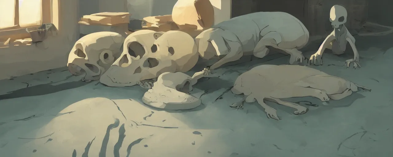 Image similar to seal bones and skull, in river mud, atey ghailan, goro fujita, studio ghibli, rim light, sad, dark lighting, clear focus, very coherent