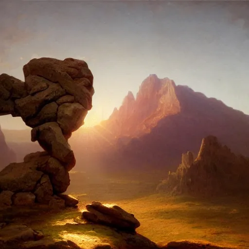 Image similar to an ultradetailed matte landscape painting of a large mountain made into a sculpture of a woman, sunrise on the horizon in the background, stone hand raised up, 8 k, art by greg rutkowski and albert bierstadt