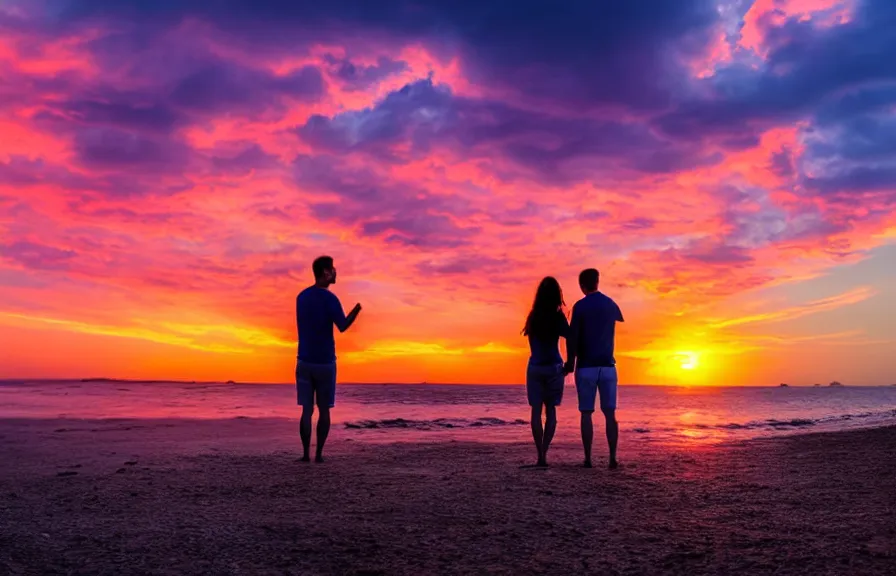 Image similar to 8 k uhd wonderful colorful sunset on a seashore with a cloud in the shape of a couple holding hands, professional photography,