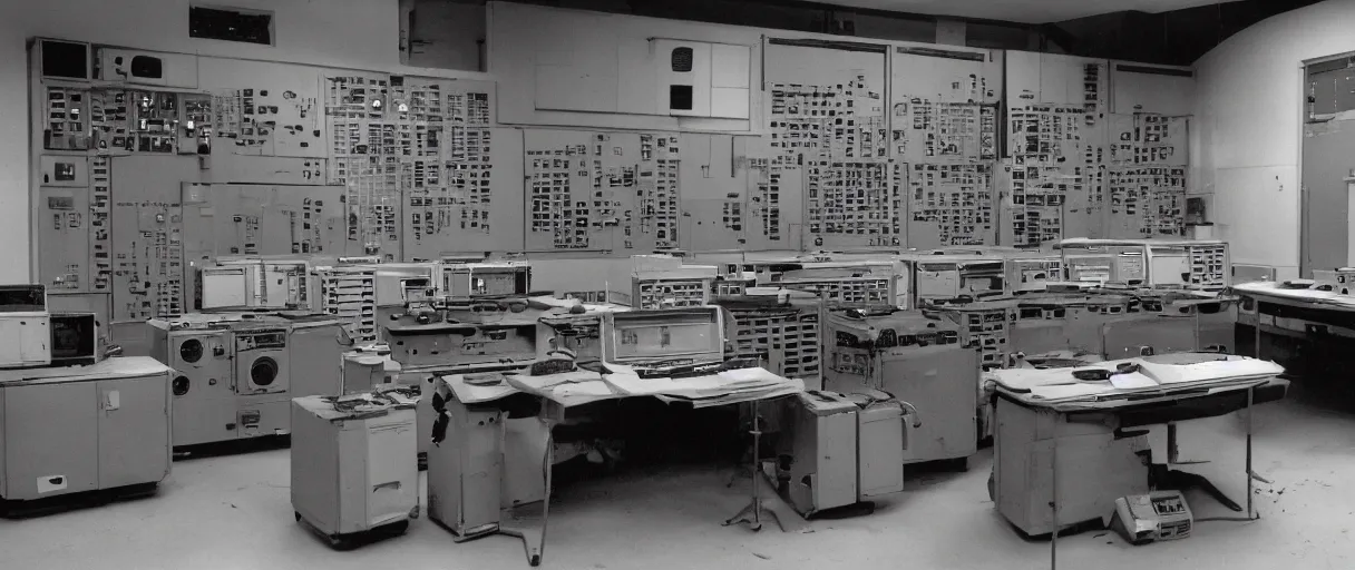 Image similar to movie still 4 k uhd 3 5 mm film color photograph of an abandoned computer laboratory control room full of cold war era computers