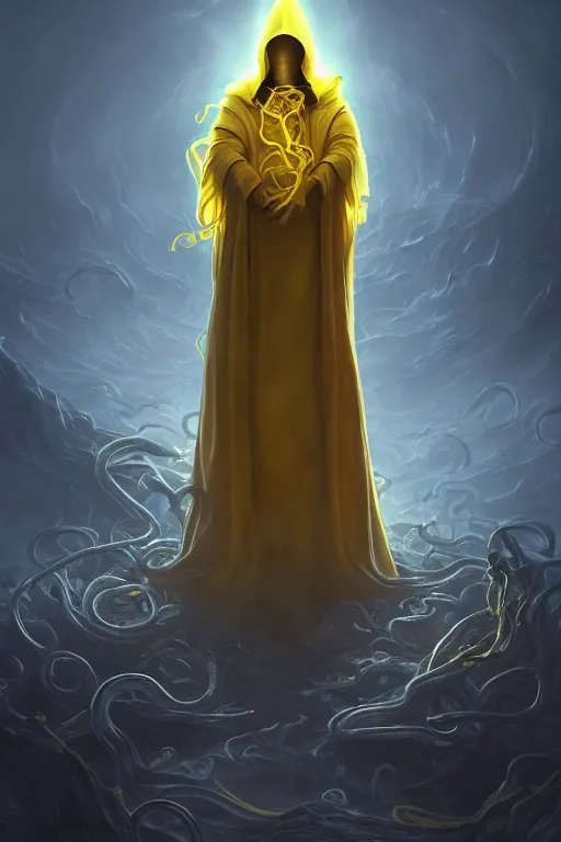 Image similar to A full body portrait of a mysterious character with no face with a very long hooded yellow cloak, a golden crown floating above his head, tentacles coming out the ground art by Shaddy Safadi and Jason Chan, ominous, cosmic horror, trending on artstation, Ultra detailed, hyper realistic 4k