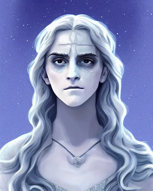 Image similar to portrait of a white marble statue adorned with silver and diamonds of emma watson as a white walker from game of thrones, digital art by studio ghibli, beautiful, cute, anime artstyle, amazing lighting