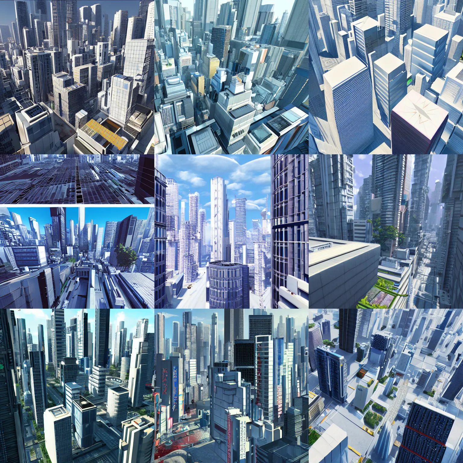 Prompt: Modern Japanese city with low-rise buildings and skyscrapers in the style of the game Mirror's Edge 2009, hyperdetailed, artstation, cgsociety, 8k