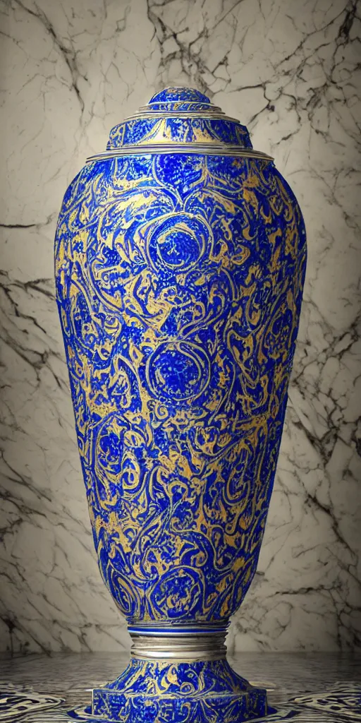 Image similar to an ornate baroque vase breaking on the marble tile floor, exploding into dust, dark - blue light - blue gold silver white black beige, volumetric dust rays, intricate detail, ultra realistic, cinematic lighting, moody, wet, shiny