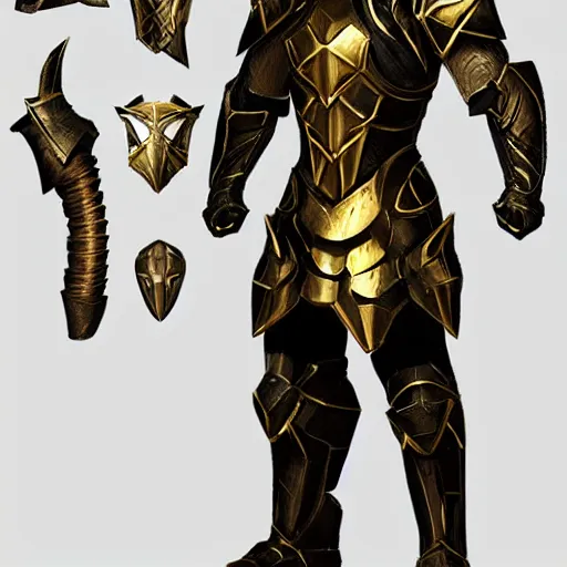 Prompt: infinity blade concept art, armor, black and gold