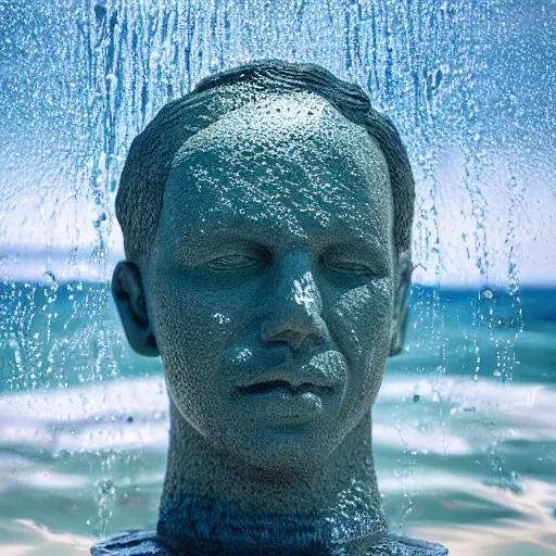 Image similar to a giant sculpture made out of water of a human head on the ocean, made purely out of water, cinematic, in the style of johnson tsang, long shot, hyper detailed, hyper realistic, ray tracing, 8 k resolution, sharp focus, realistic water, award winning