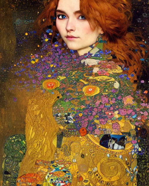 Image similar to adventurer cat portrait an oil painting splashes with many colors and shapes by gustav klimt greg rutkowski and alphonse mucha, polycount, generative art, psychedelic, fractalism, glitch art