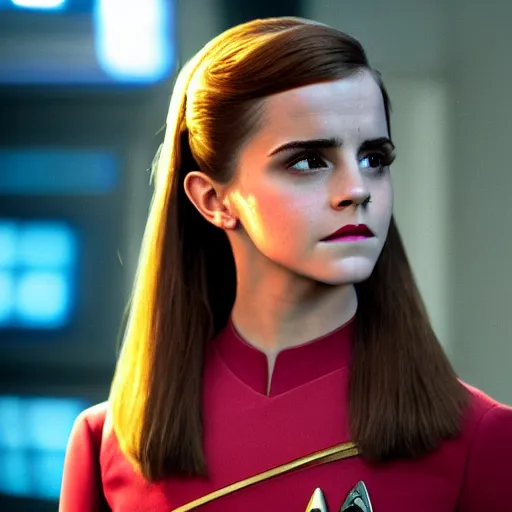 Image similar to Emma Watson in Star Trek, XF IQ4, f/1.4, ISO 200, 1/160s, 8K, Sense of Depth, color and contrast corrected, AI enhanced, Dolby Vision, symmetrical balance, in-frame