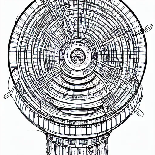 Image similar to Simplistic coloring book of a turbine blueprint, black ball pen on white paper, by Josan Gonzalez and Geof Darrow